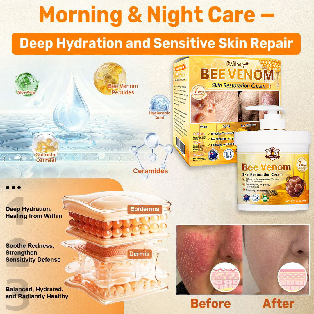 👨⚕️Rolimey® Bee Venom Skin Restoration Cream (Anti-aging, Hydrating, Skin Repair, Even Tone, Acne and Dark Spot Treatment, Wart and Mole Removal, Psoriasis Relief)