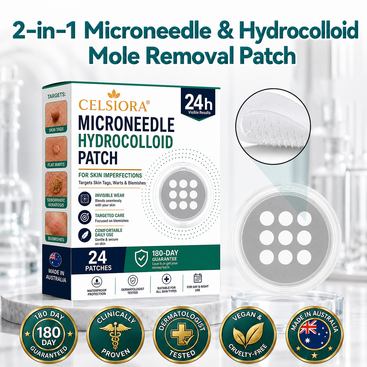 👩‍⚕️👩‍⚕️Celsiora® 2-in-1 Microneedle & Hydrocolloid Mole Removal Patch(Zero Pain, Zero Scars patch)