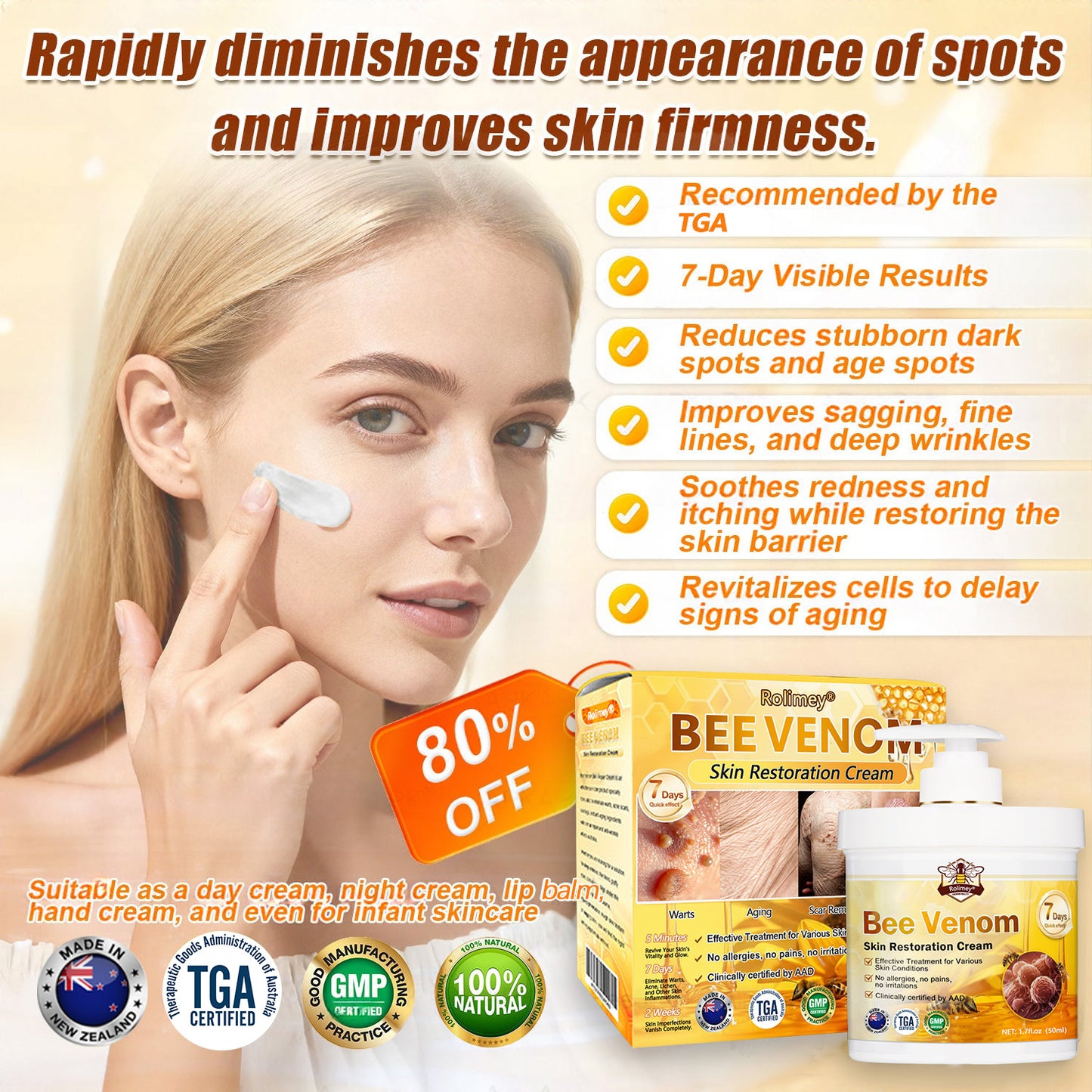 👨‍⚕️Rolimey® Bee Venom Skin Restoration Cream (Anti-aging, Hydrating, Skin Repair, Even Tone, Acne and Dark Spot Treatment, Wart and Mole Removal, Psoriasis Relief)