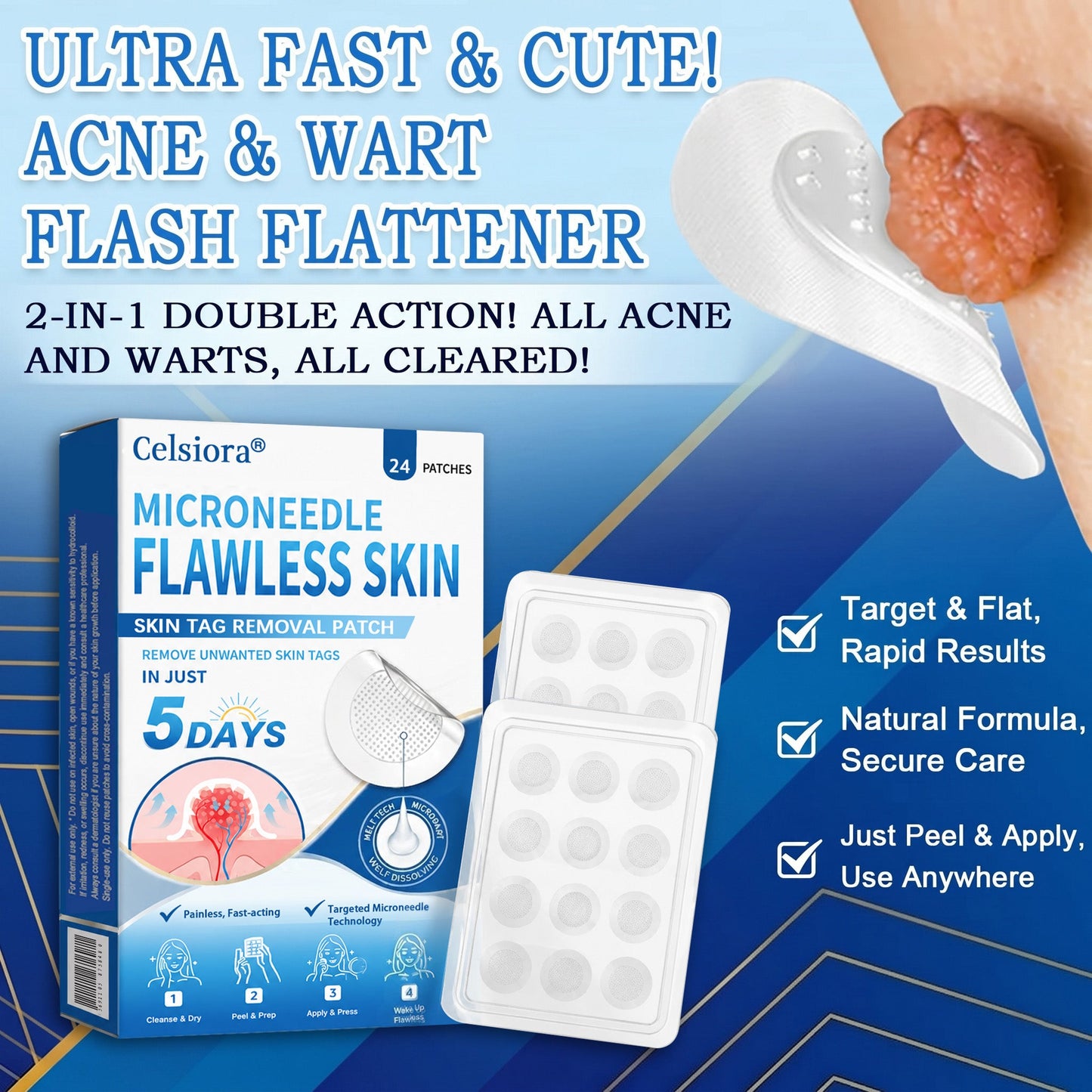 ☘️☘️Celsiora® 2-in-1 Microneedle & Hydrocolloid Patch | Raised Moles,Acne, Flat Warts & Skin Tags Remover | Improves Wrinkles, Scars & Blemishes | Invisible Pimple Patches for Face & Body | 24 Count