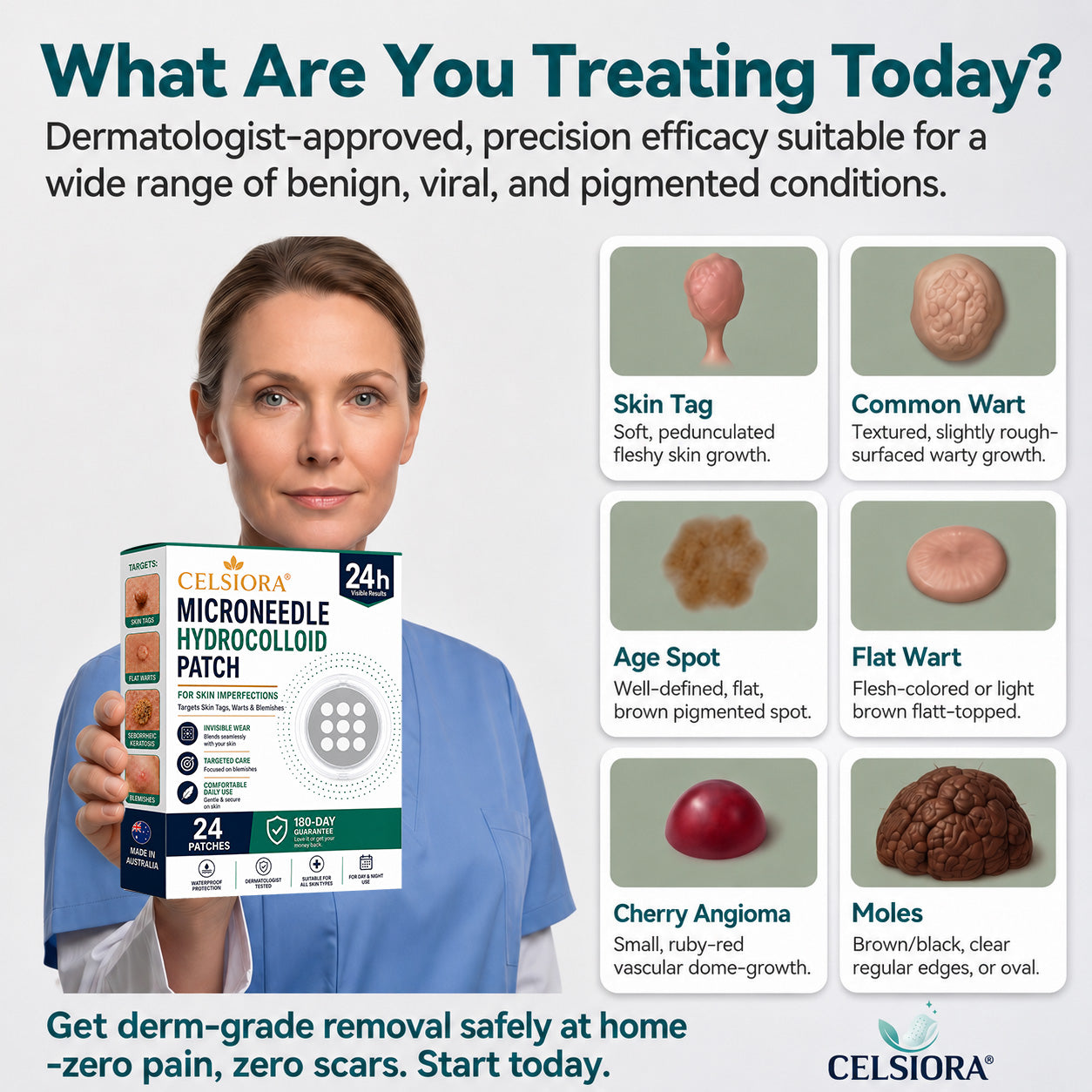 👩‍⚕️👩‍⚕️Celsiora® 2-in-1 Microneedle & Hydrocolloid Mole Removal Patch(Zero Pain, Zero Scars patch)